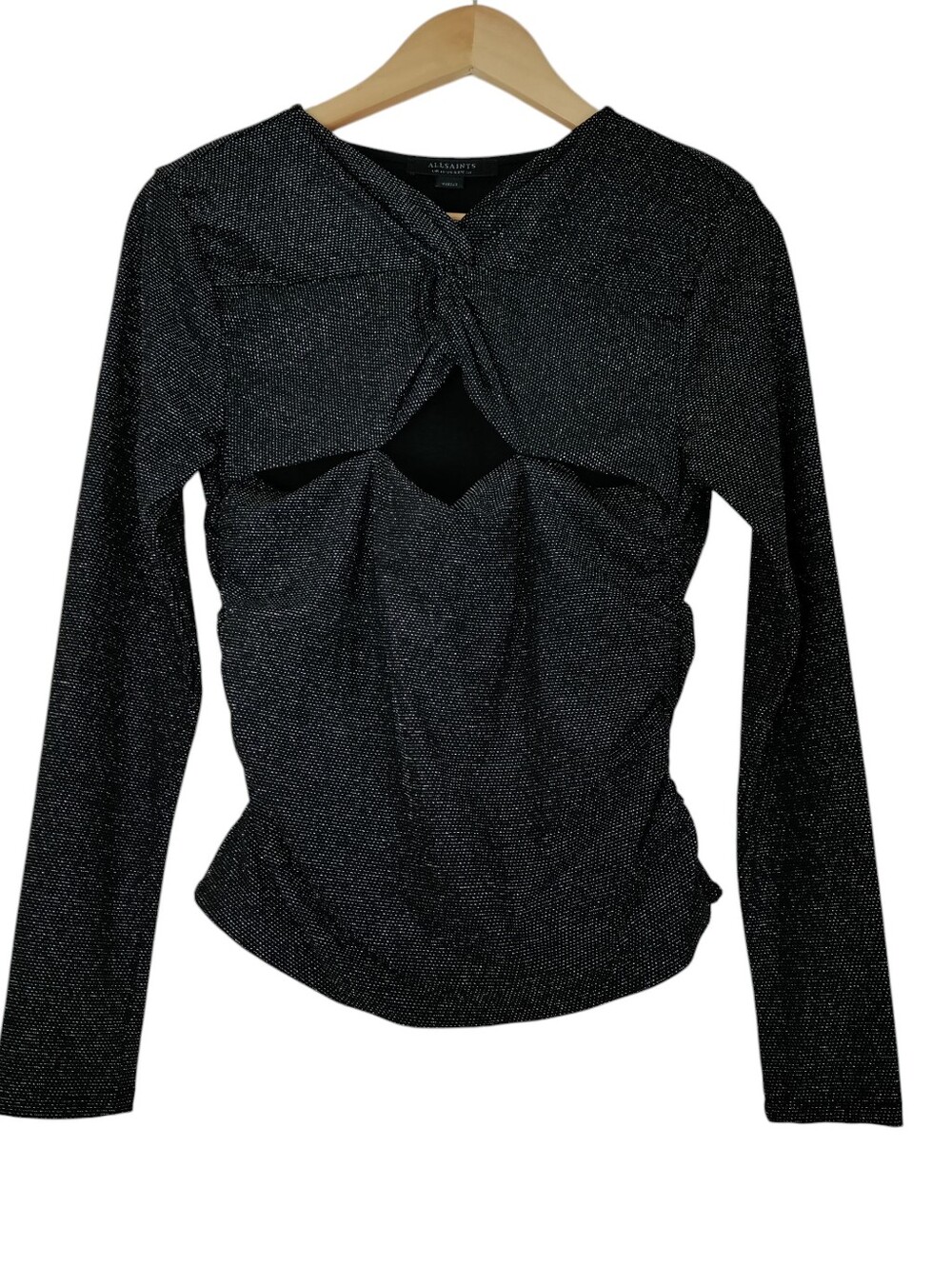 All Saints Caelum Metallic Twist Cut-out Black Long Sleeve Size 6 Top